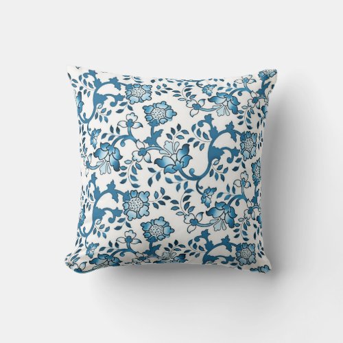 Vintage Blue Floral Pattern Illustration Throw Pillow