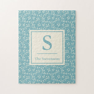 Vintage Blue Floral Pattern Monogram and Name Jigsaw Puzzle