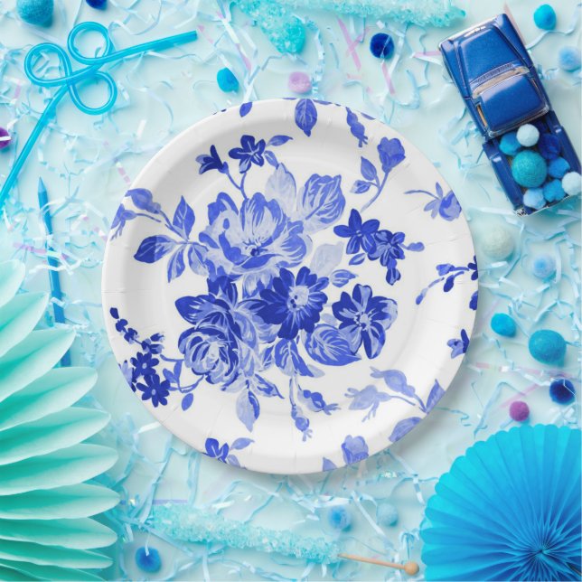 Vintage Blue Floral Pattern Paper Plates (Party)