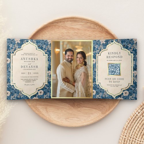 Vintage Blue Floral Pattern QR Code Indian Wedding Tri_Fold Invitation