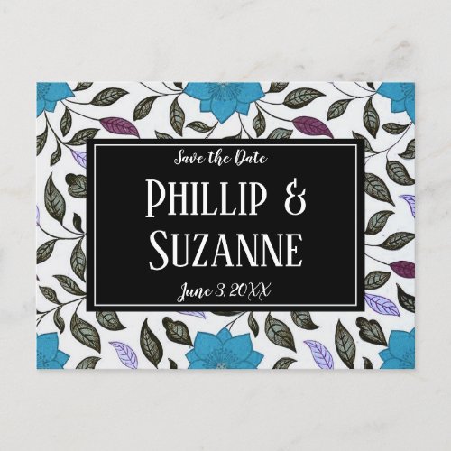 Vintage Blue Floral Pattern Save the Date Announcement Postcard