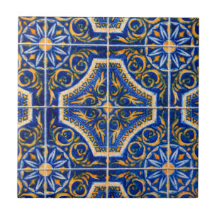 Vintage Blue Floral Patterned Portuguese Ceramic Tile