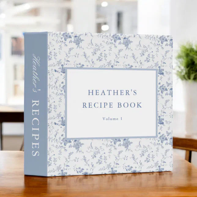 Vintage Blue Floral Personalized Recipe 3 Ring Binder
