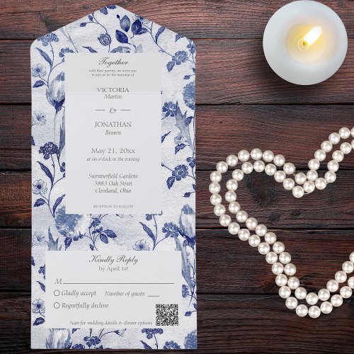 Vintage Blue Floral QR Code All In One Invitation