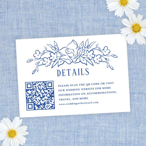 Vintage Blue Floral QR Code Wedding Details Enclosure Card