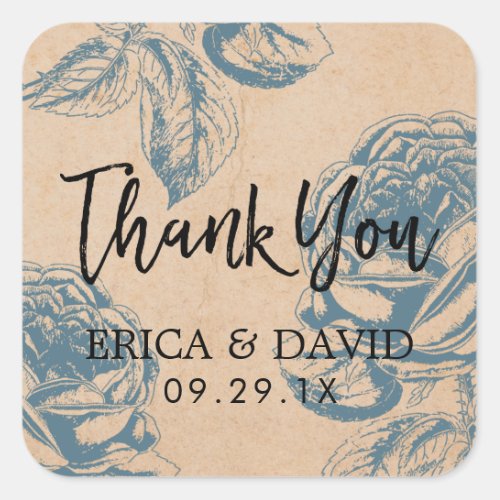 Vintage Blue Floral Rose Garden Wedding Thank You Square Sticker