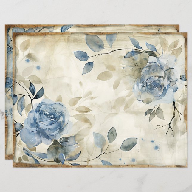 Vintage Blue Floral Scrapbook Paper (Front/Back)