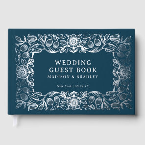 Vintage Blue Floral Silver Foil Wedding Guest Book