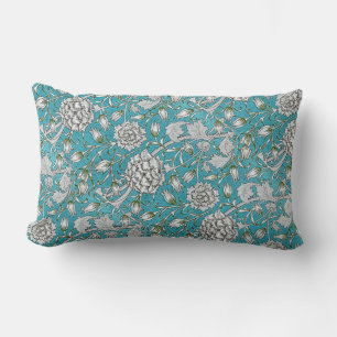 Vintage Blue Floral Silver Foliage Flowers Lumbar Pillow