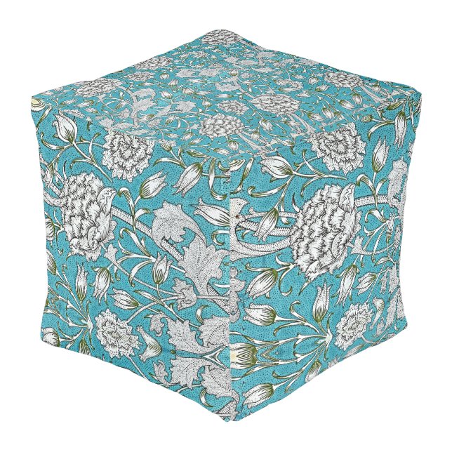 Vintage Blue Floral Silver Foliage Flowers Pouf (Angled Front)