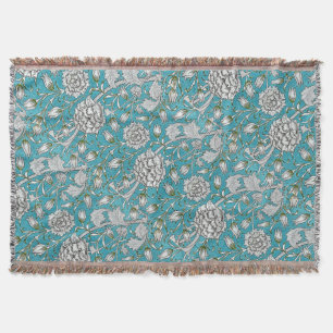 Vintage Blue Floral Silver Foliage Flowers Throw Blanket