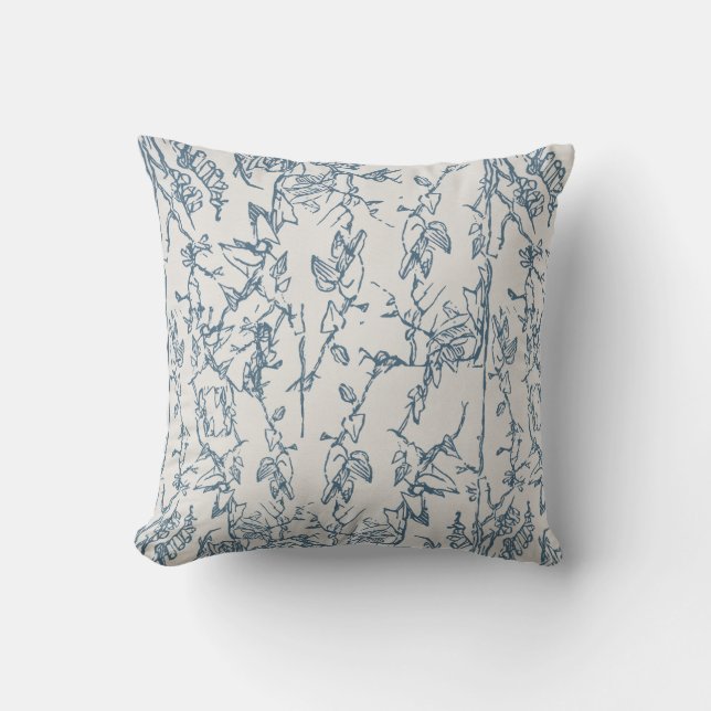 Vintage Blue Floral Sketch Pattern Throw Pillow (Front)