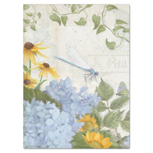 Vintage Blue Floral Sunflower W Dragonfly N Script Tissue Paper