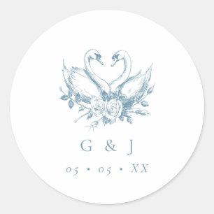Vintage Blue Floral Swans Monogram Wedding Classic Round Sticker