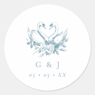 Vintage Blue Floral Swans Monogram Wedding Classic Round Sticker