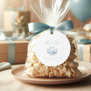 Vintage Blue Floral Swans Script Round Wedding  Favor Tags