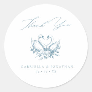Vintage Blue Floral Swans Script Wedding Thank You Classic Round Sticker