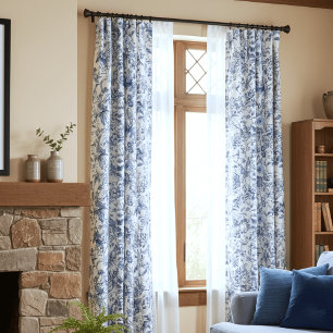 Vintage Blue Floral Toile Blackout Curtains