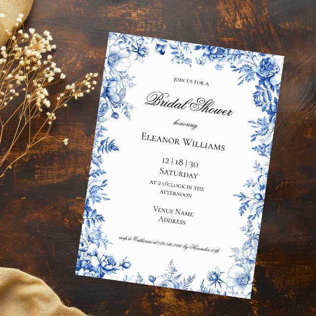 Vintage Blue  Floral Toile Bridal Shower Invitation (Vintage Blue Floral Toile Bridal Shower Invitation)