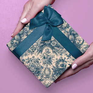 Vintage Blue Floral Toile de Jouy Wrapping Paper