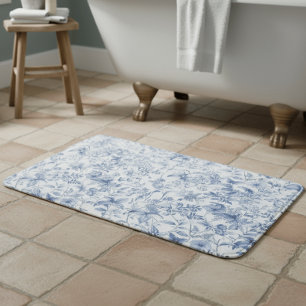 Vintage Blue Floral Toile Elegant Bath Mat