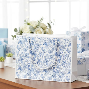 Vintage Blue Floral Toile Elegant Large Gift Bag