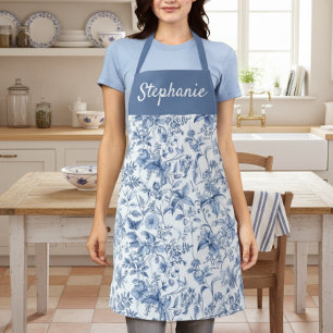 Vintage Blue Floral Toile Monogram Apron