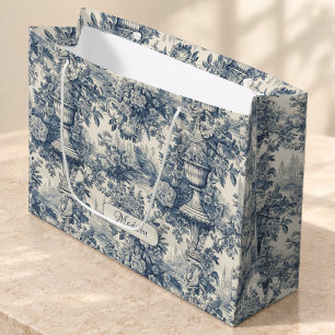 Vintage Blue Floral Toile Monogram Gift Large Gift Bag