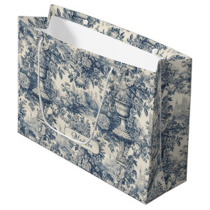Vintage Blue Floral Toile Monogram Gift Large Gift Bag