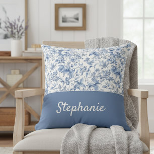 Vintage Blue Floral Toile Monogram Throw Pillow