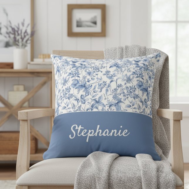 Vintage Blue Floral Toile Monogram Throw Pillow (Creator Uploaded)