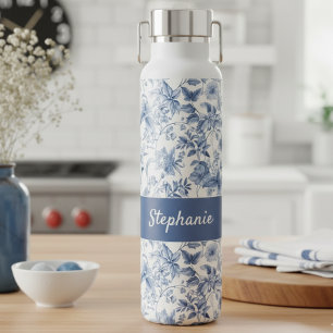 Vintage Blue Floral Toile Monogram Water Bottle