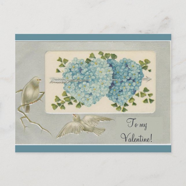 Vintage Blue Floral Valentine Hearts With Postcard (Front)