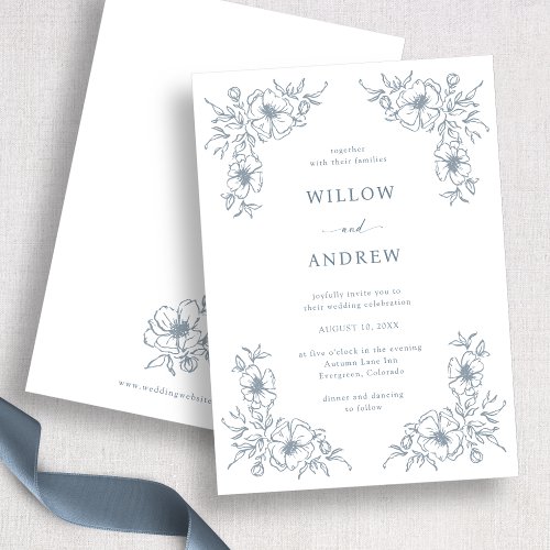 Vintage Blue Floral Wedding Invitation