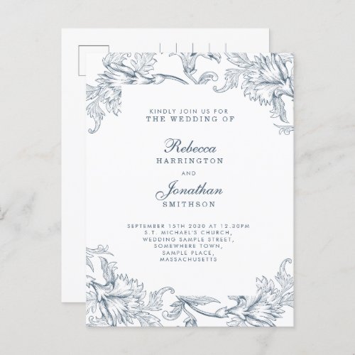 Vintage Blue Floral Wedding Invitation Postcard