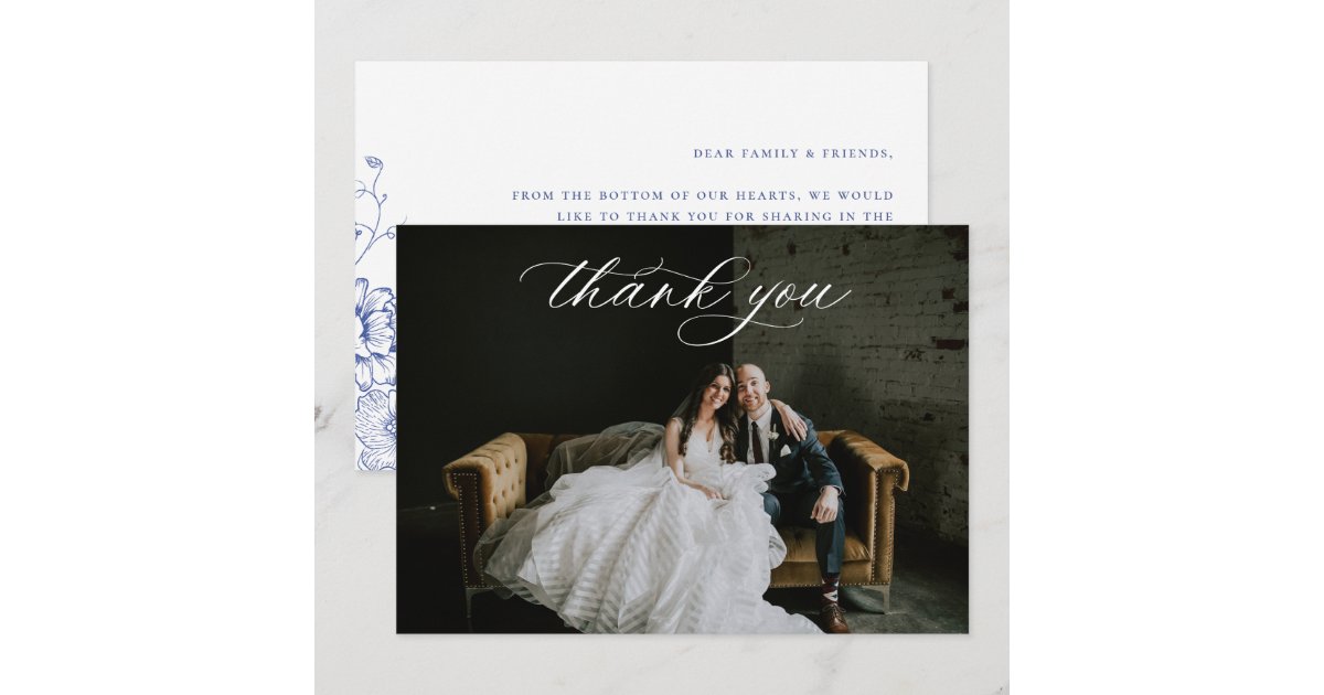 Vintage Blue Floral Wedding Photo Thank You Card | Zazzle