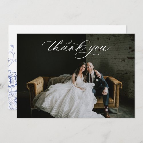 Vintage Blue Floral Wedding Photo Thank You Card