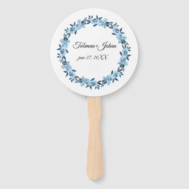  Vintage Blue Floral Wedding Program Hand Fan (Front)