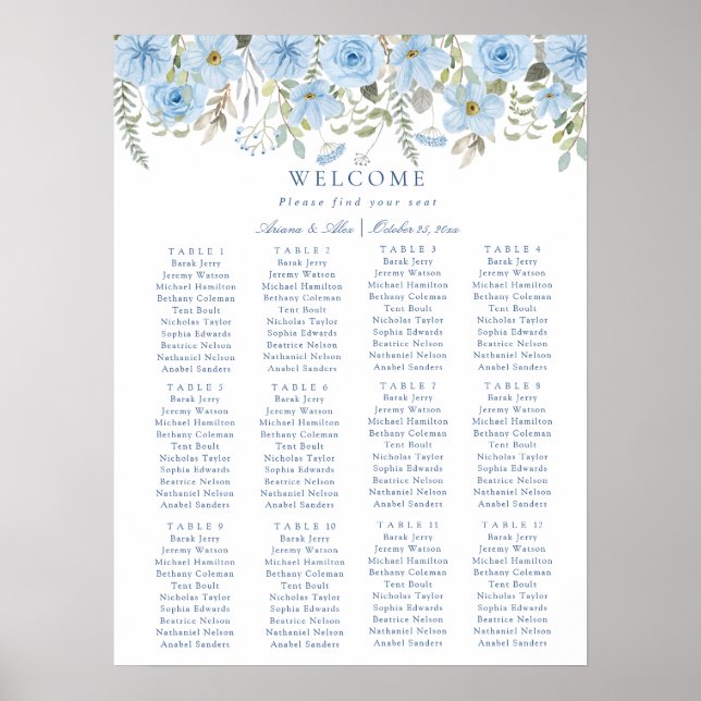 Vintage Blue Floral  Wedding Seating Chart (Front)