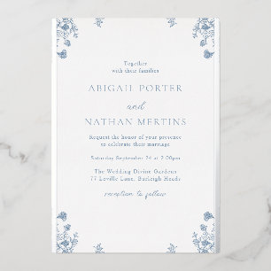 Vintage Blue Floral Wedding Silver Foil Invitation