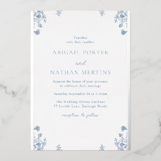 Vintage Blue Floral Wedding Silver Foil Invitation