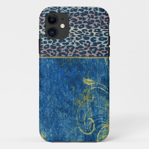 Vintage blue floral with retro leopard print 2 iPhone 11 case