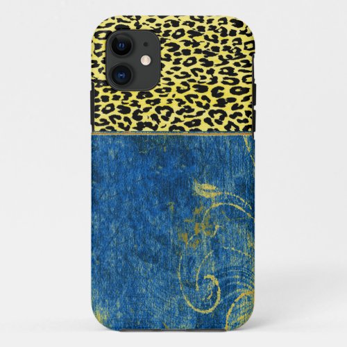 Vintage blue floral with retro leopard print 3 iPhone 11 case