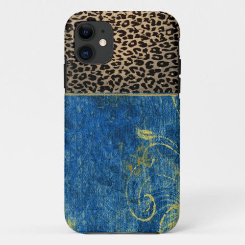 Vintage blue floral with retro leopard print iPhone 11 case