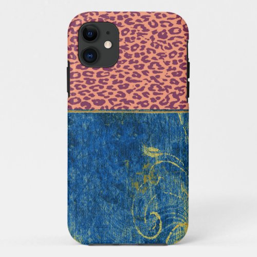 Vintage blue floral with retro leopard print skin iPhone 11 case