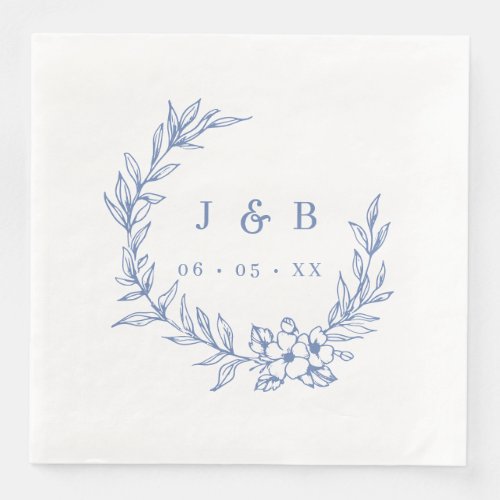 Vintage Blue Floral Wreath Monogram  Paper Dinner Napkins