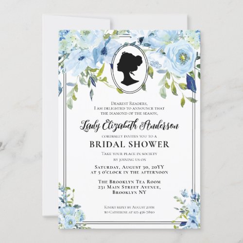 Vintage Blue Florals Regency Society Bridal Shower Invitation