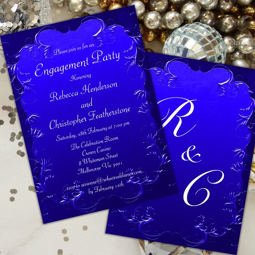 Vintage Blue Flourishes Elegant Engagement Invitation