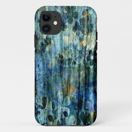 Vintage Blue Flower and Wood Art iPhone 11 Case