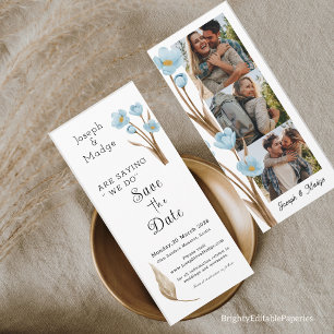 Vintage Blue Flower Photo Strip Save the Date Invitation
